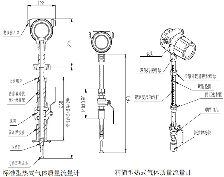 熱式氣體質(zhì)量流量計插入式結(jié)構尺寸圖